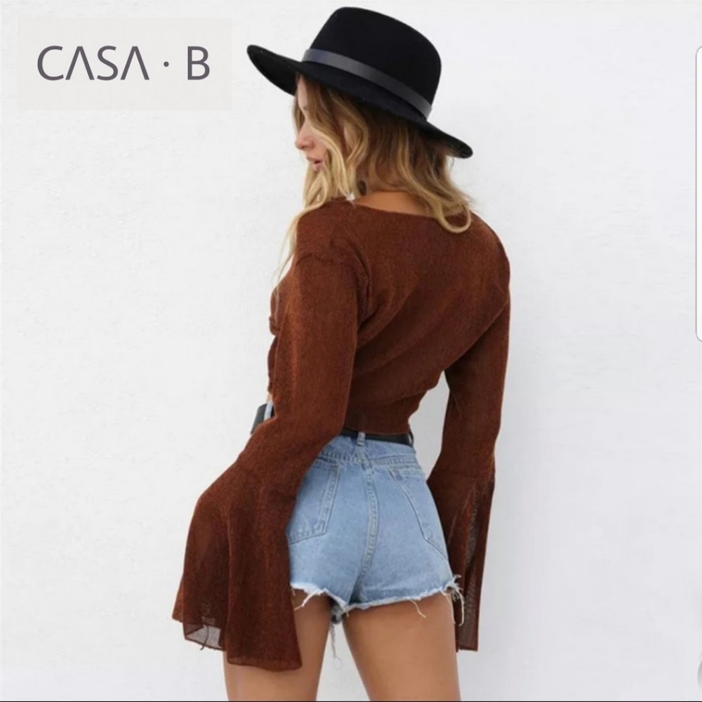 CASA Bđ«Sierra Boheme Mesh Front-tie Cover-up Big Sleeve Blouse - Picture 5 of 6
